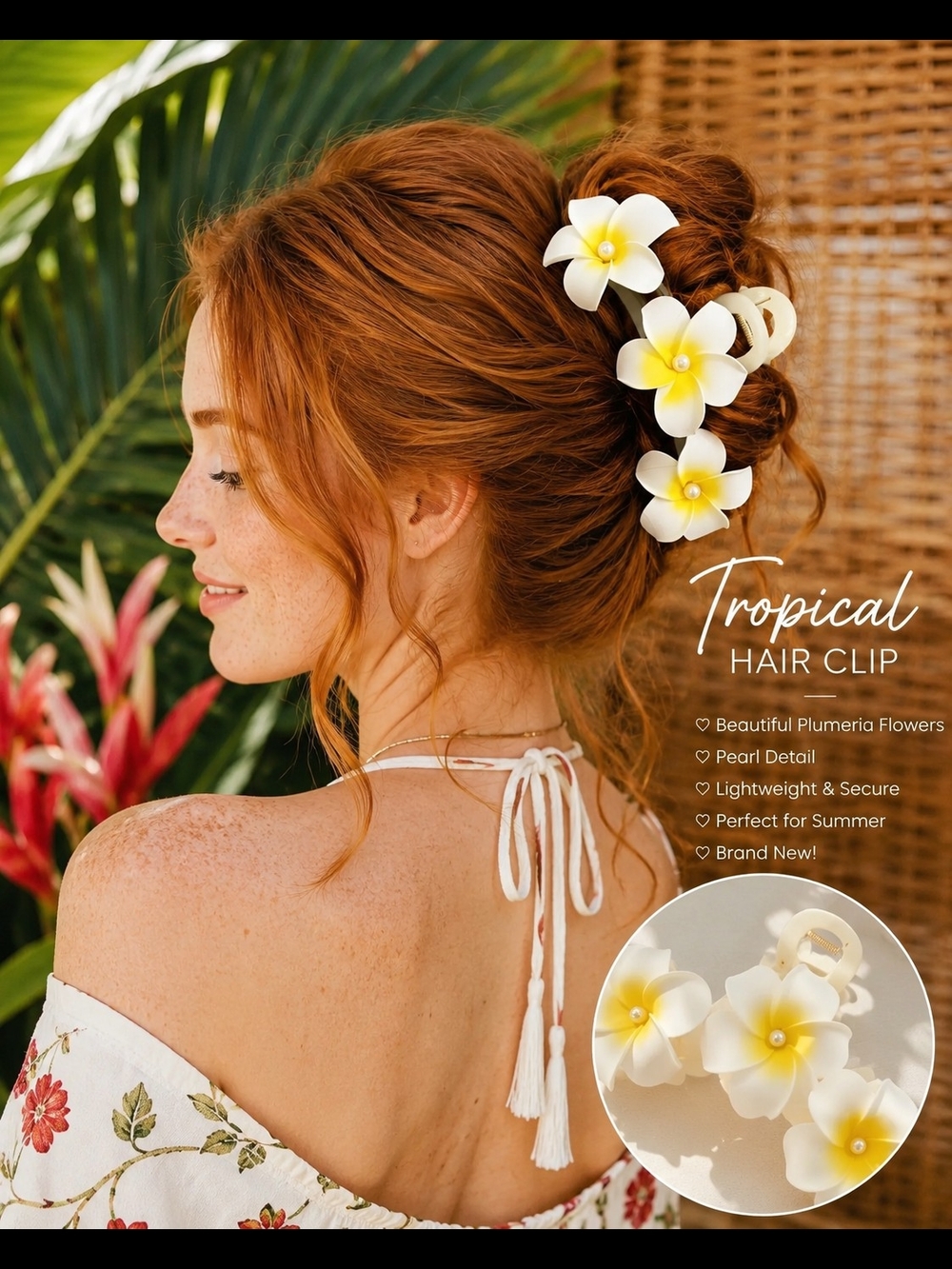 New White Plumeria Flower Hair Claw Clip Pearl Detail Tropical